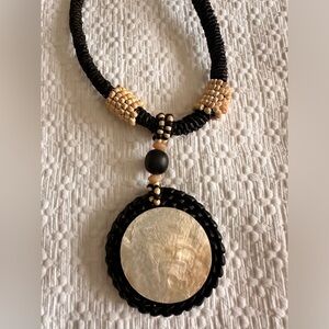 Black /white fashion necklace with pearl accent made of rattan material